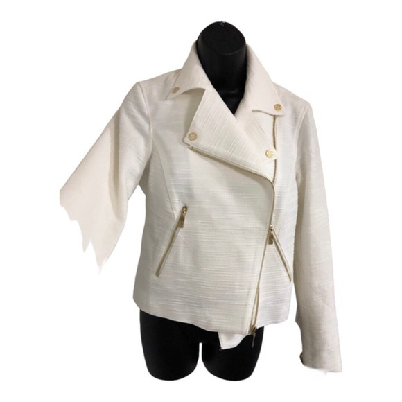 Anne Klein ecru boucle lookโ gold zippered moto jacket blazer size large new - Picture 7 of 17
